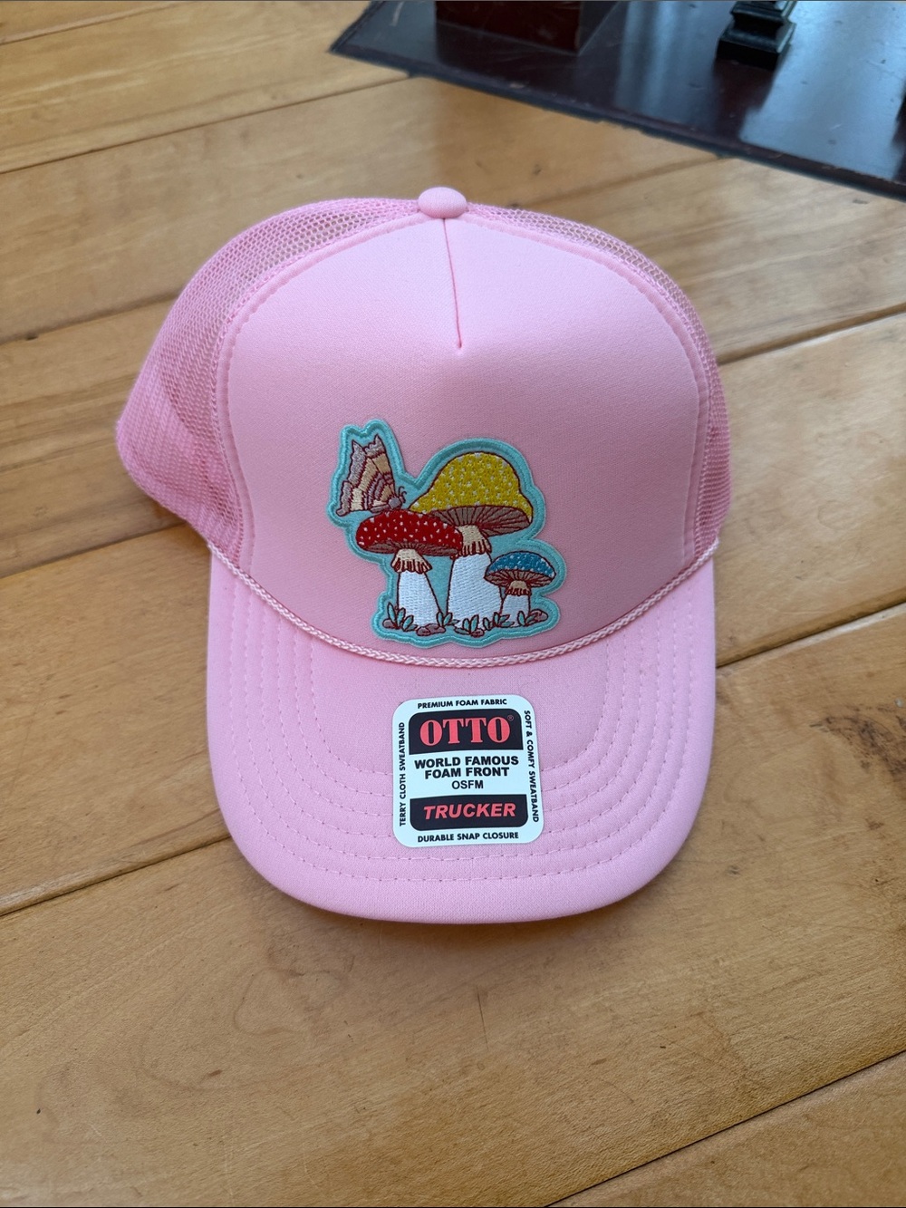 OTTO Pink Trucker Hat with Embroidered Mushroom Patch